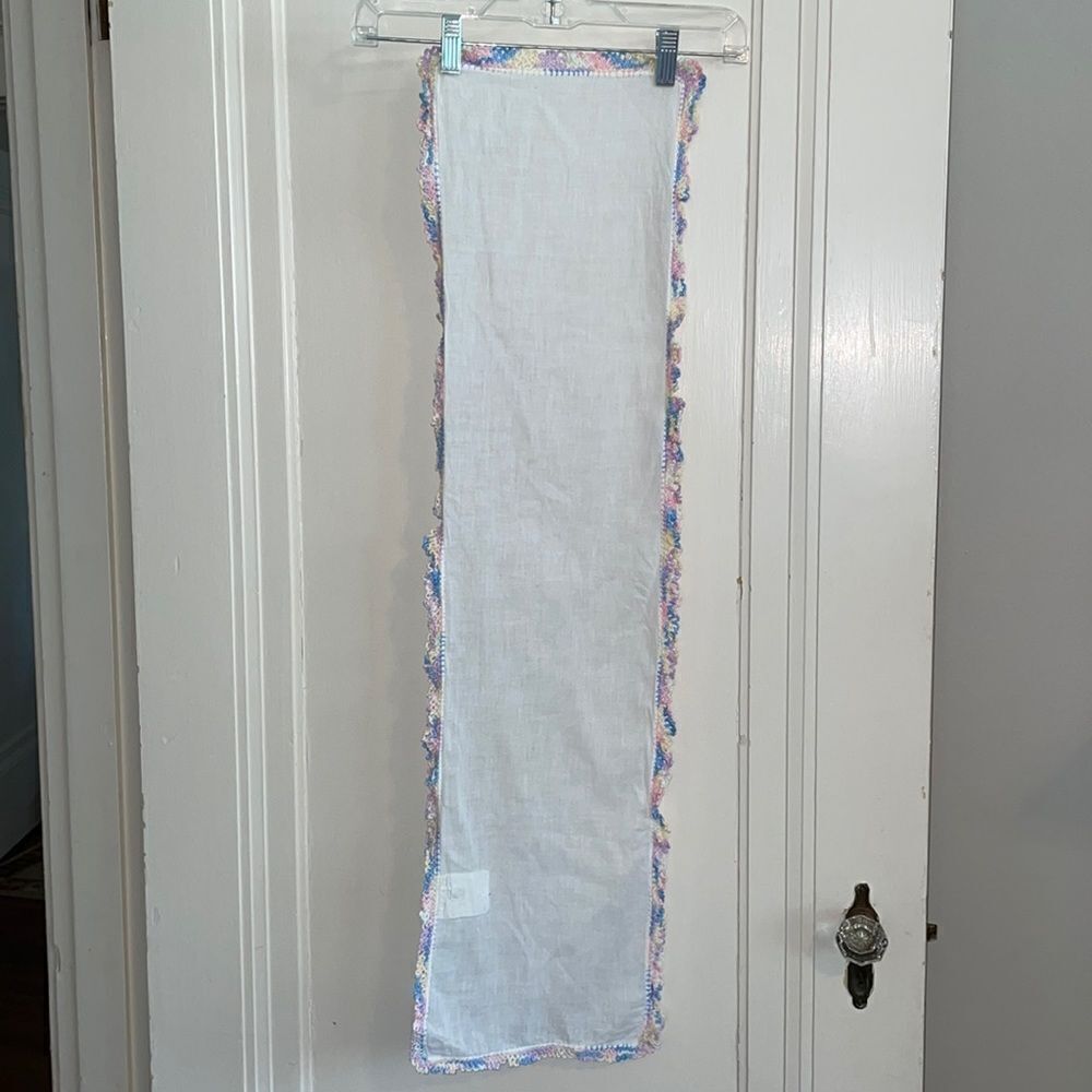 Vintage white cotton lawn table runner with pastel crochet edges